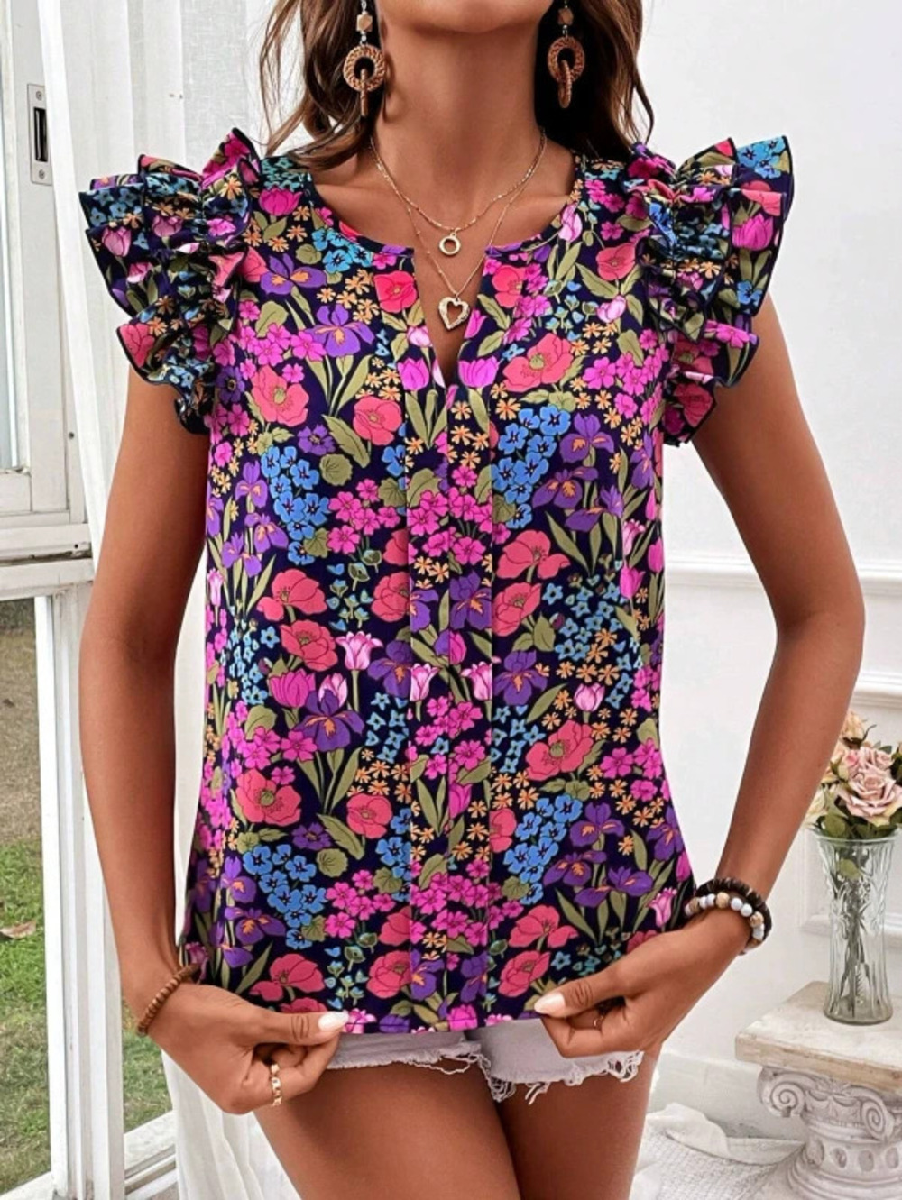 ZARA Women Ruffle Sleeve Print Collar Pullover Blouse